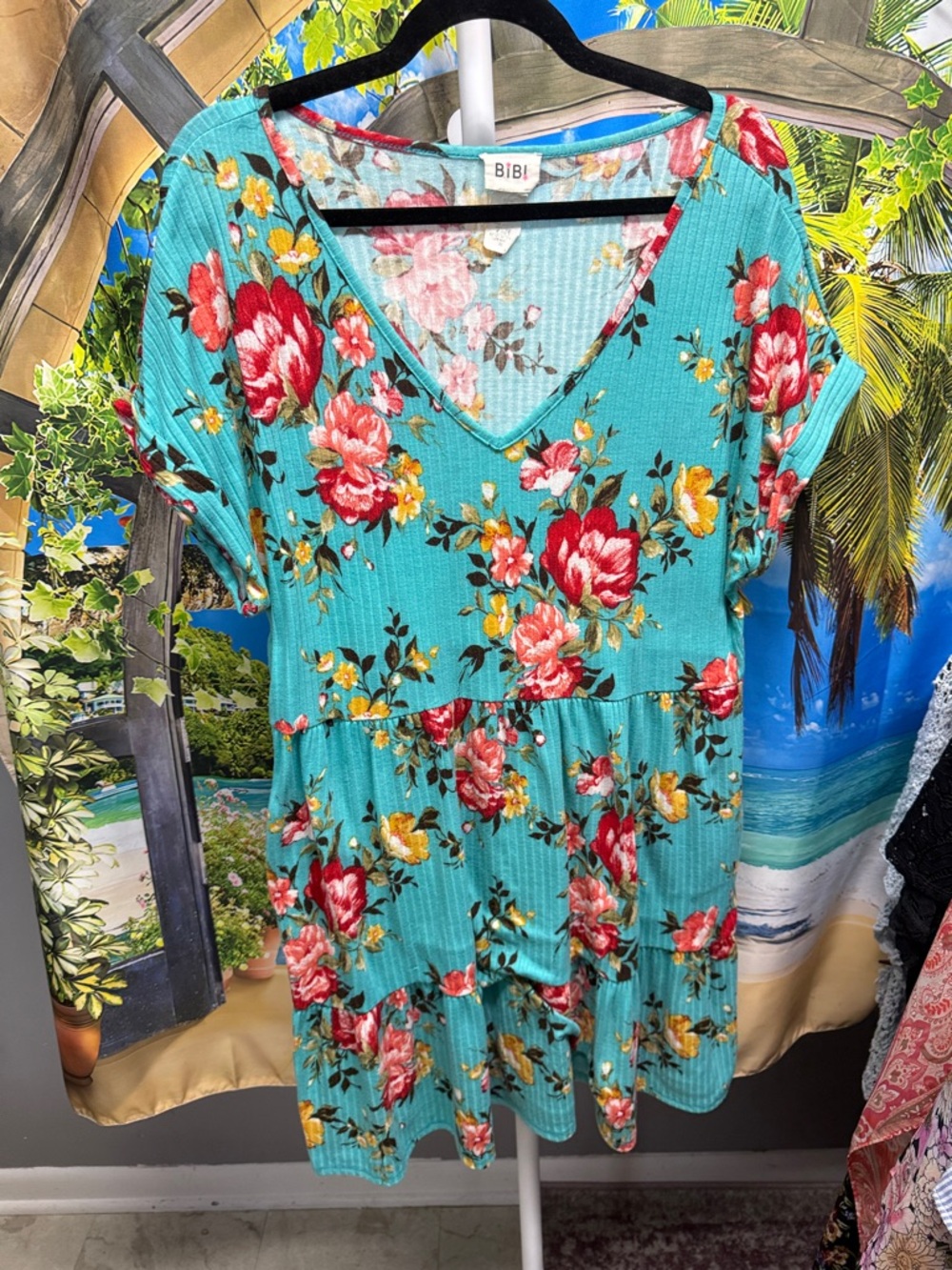 BiBi Turquoise Floral Tiered Midi Dress with Red & Yellow Blooms